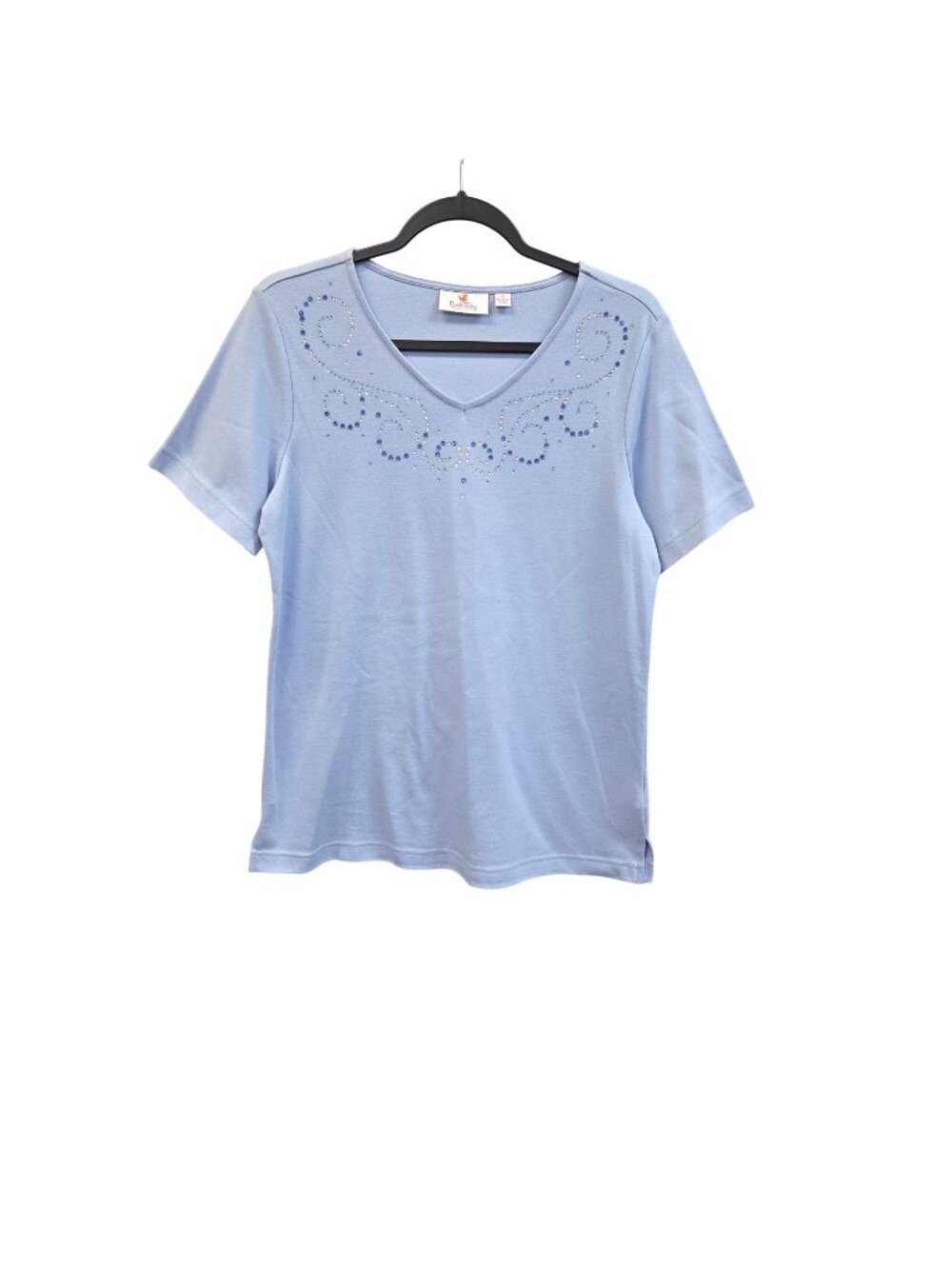 Quacker Factory Womens S Blue V-Neck Rhinestone Embellished Short Sleeve Top 442